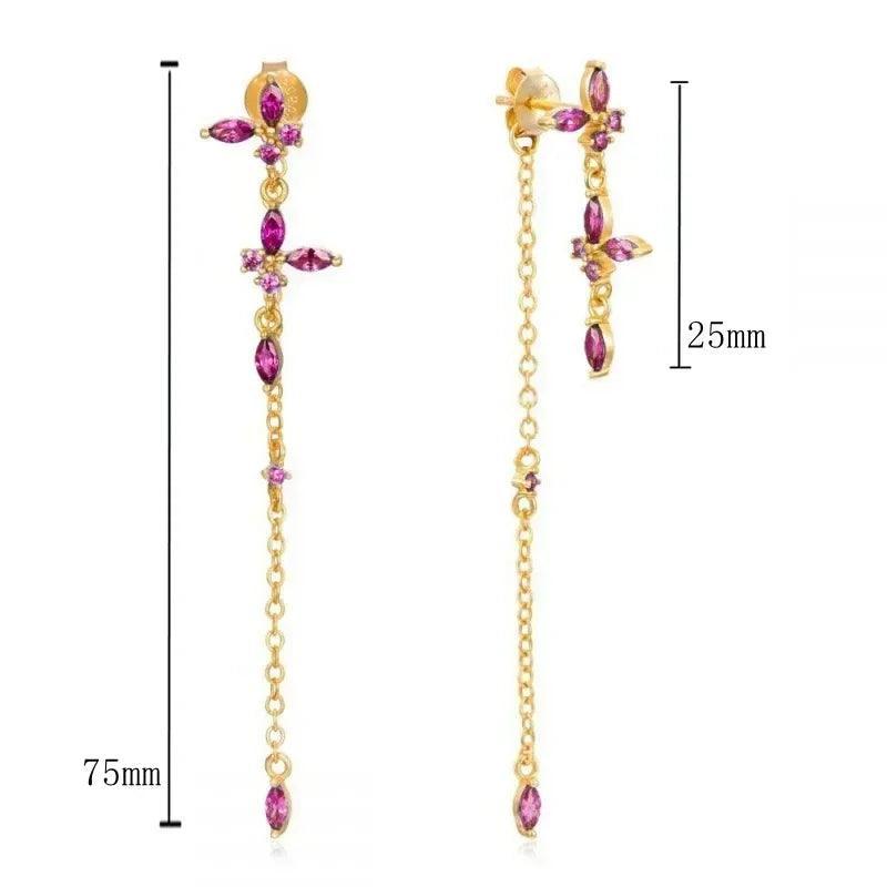 Pendientes de Aro con Colgante de Cristal Rojo Rosa en Plata Esterlina 925, Joyería Elegante para Mujer, Regalos de Moda