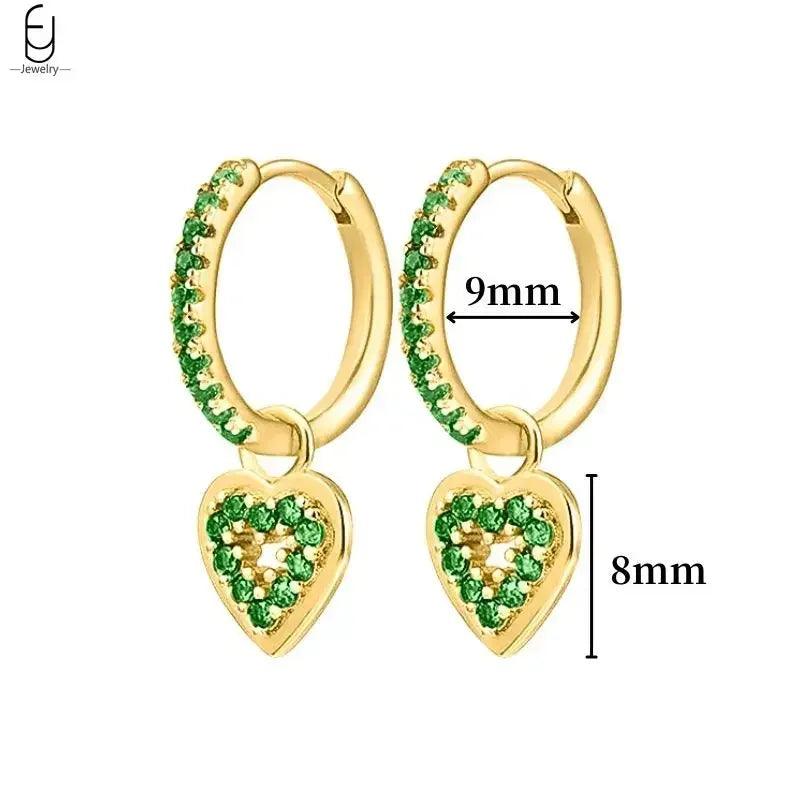 Pendientes de Aro con Corazón en Plata Esterlina 925 y Zirconia Verde, Joyería de Lujo para Mujer, Regalos Elegantes