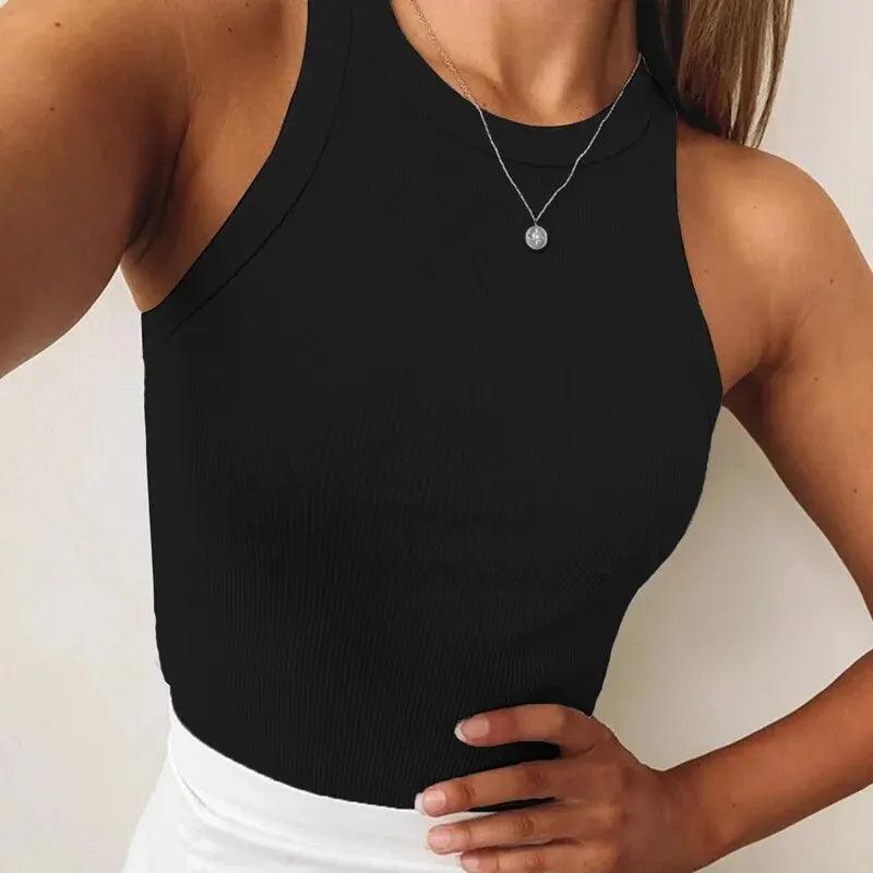 Women's Tank Top Crop Sexy Off Shoulder O Neck Solid Ribbed Knitted Casual Sport Vest Basic Elastic Camisole