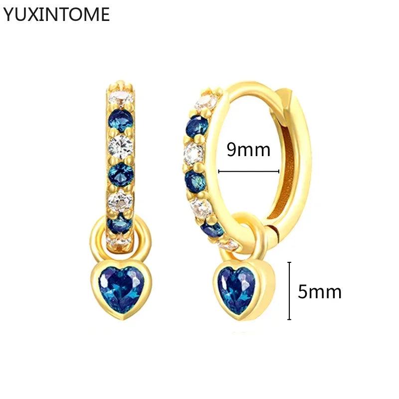 Pendientes de Aro de Plata Esterlina 925 con Zirconia Azul de Lujo para Mujer, Pendientes de Moda con Colgante en Gota de Agua, Corazón o Flor