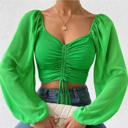 Camiseta Sexy para Mujer ALLUKASA, Manga Larga de Malla con Cordón Ajustable, Diseño Desnudo en el Abdomen y Estilo de Puños de Linterna