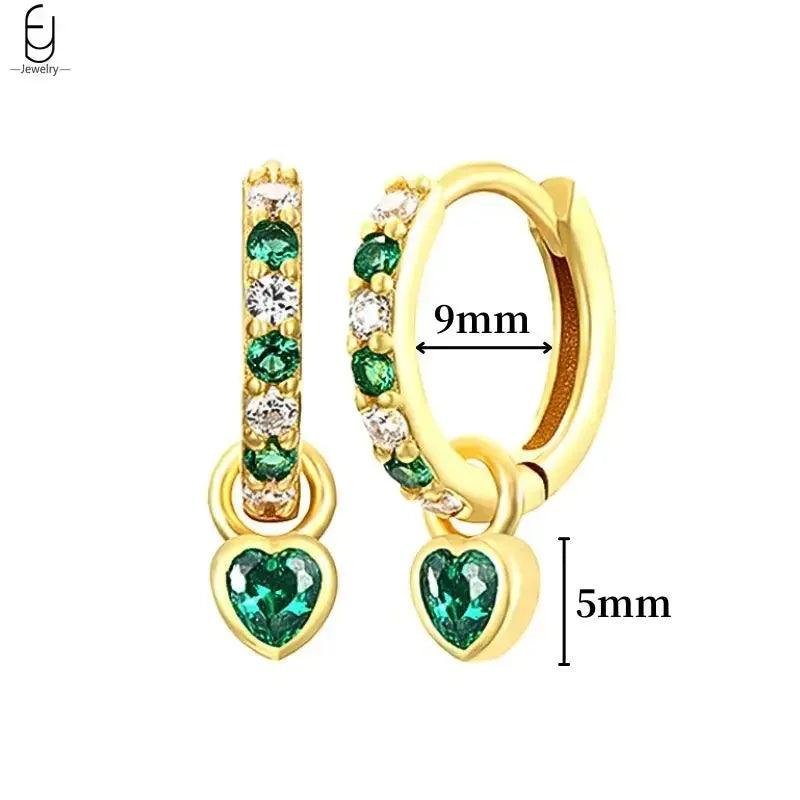 Pendientes de Aro con Corazón en Plata Esterlina 925 y Zirconia Verde, Joyería de Lujo para Mujer, Regalos Elegantes