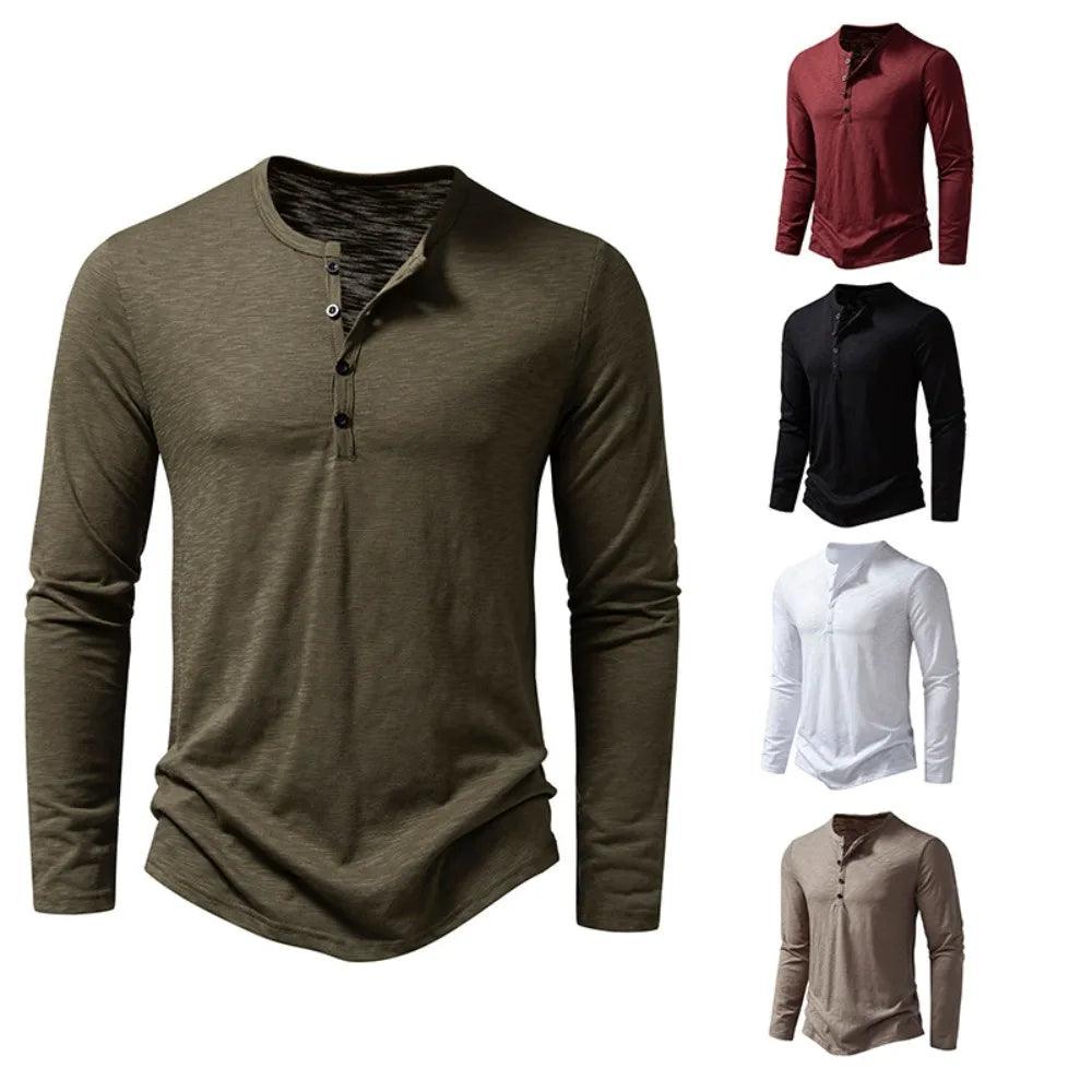 Men's Cotton Button Henley neck Shirt Long Sleeve Casual Button Solid color Fashion T-Shirts