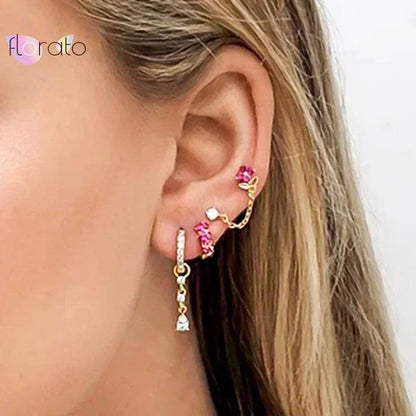 Pendientes de Aro con Colgante de Cristal Rojo Rosa en Plata Esterlina 925, Joyería Elegante para Mujer, Regalos de Moda