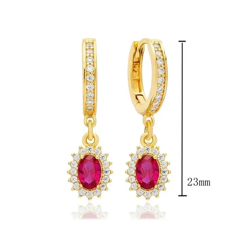 Pendientes de Aro con Colgante de Cristal Rojo Rosa en Plata Esterlina 925, Joyería Elegante para Mujer, Regalos de Moda