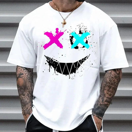 2024 Summer Men's New Fashion Smiley Digital Printing Short-Sleeved T-Shirt Loose Casual Daily Personality Street Hip-Hop Tops