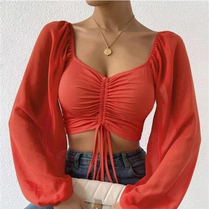 Camiseta Sexy para Mujer ALLUKASA, Manga Larga de Malla con Cordón Ajustable, Diseño Desnudo en el Abdomen y Estilo de Puños de Linterna