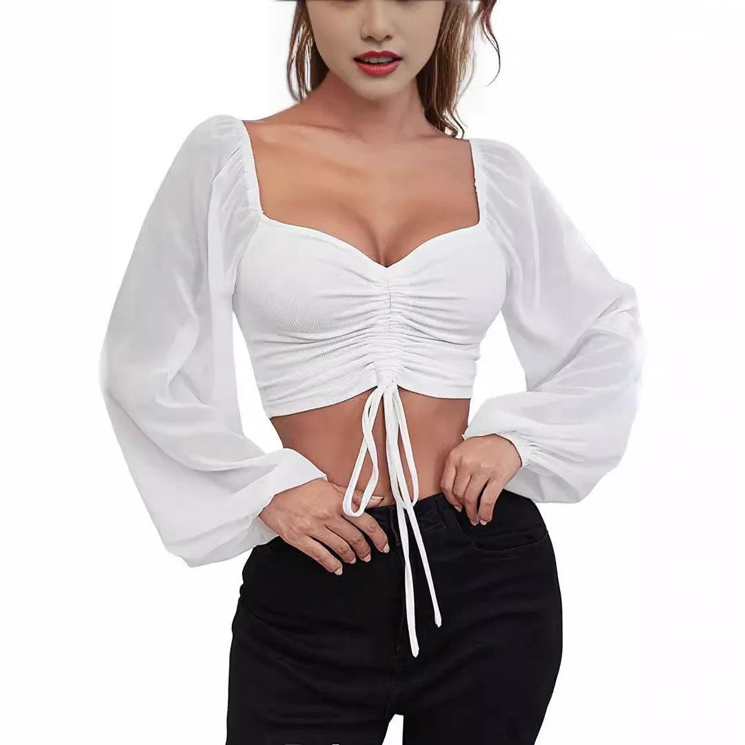 Camiseta Sexy para Mujer ALLUKASA, Manga Larga de Malla con Cordón Ajustable, Diseño Desnudo en el Abdomen y Estilo de Puños de Linterna