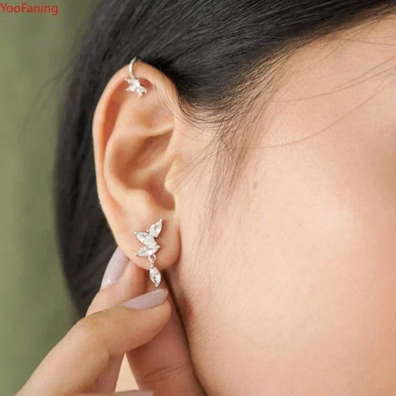 Women's 925 Sterling Silver Ear Needle Crystal Zircon Water Droplets Stud Hoop Gold Huggie Earrings Premium Luxury Party Jewelry