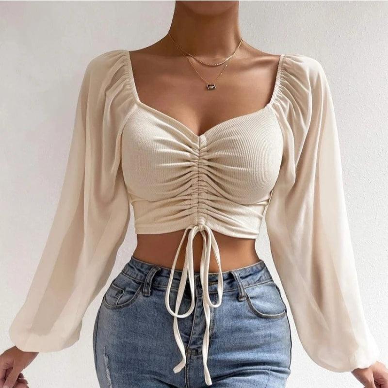 Camiseta Sexy para Mujer ALLUKASA, Manga Larga de Malla con Cordón Ajustable, Diseño Desnudo en el Abdomen y Estilo de Puños de Linterna