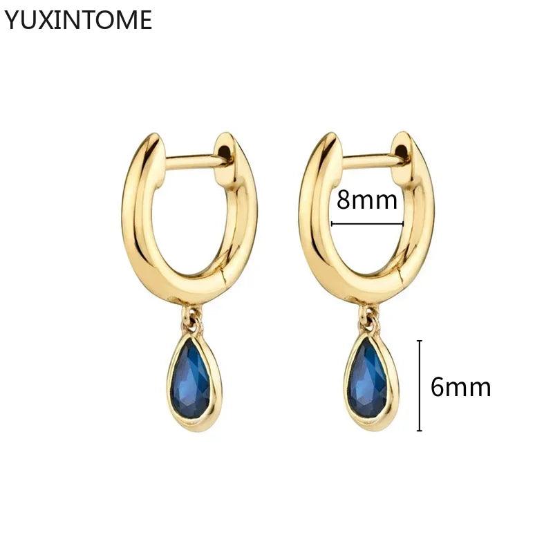 Pendientes de Aro de Plata Esterlina 925 con Zirconia Azul de Lujo para Mujer, Pendientes de Moda con Colgante en Gota de Agua, Corazón o Flor