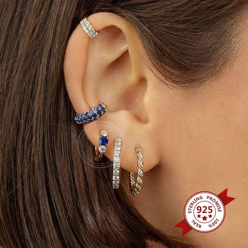 Pendientes de Aro de Plata Esterlina 925 con Zirconia Azul de Lujo para Mujer, Pendientes de Moda con Colgante en Gota de Agua, Corazón o Flor